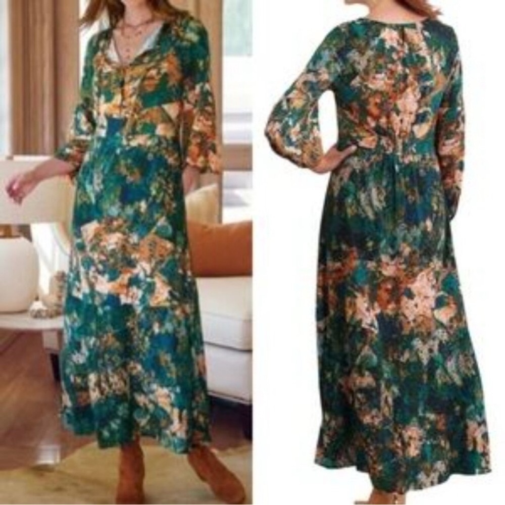 Soft Surroundings Dakota Dark Floral Long Sleeve Midi Dress size Large Petite